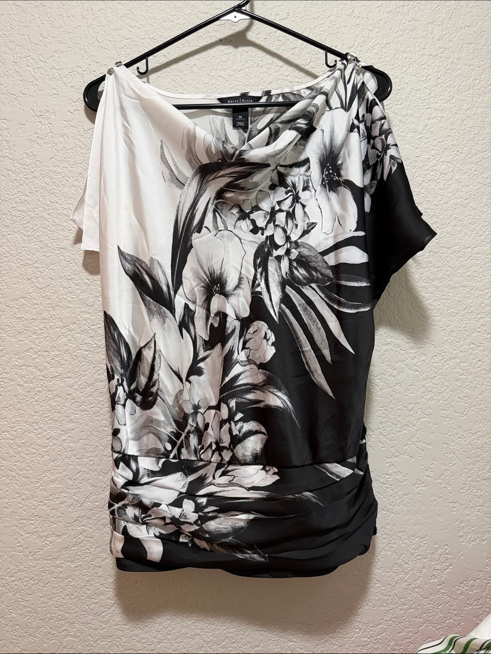 Black & White Floral Draped Neck Blouse
